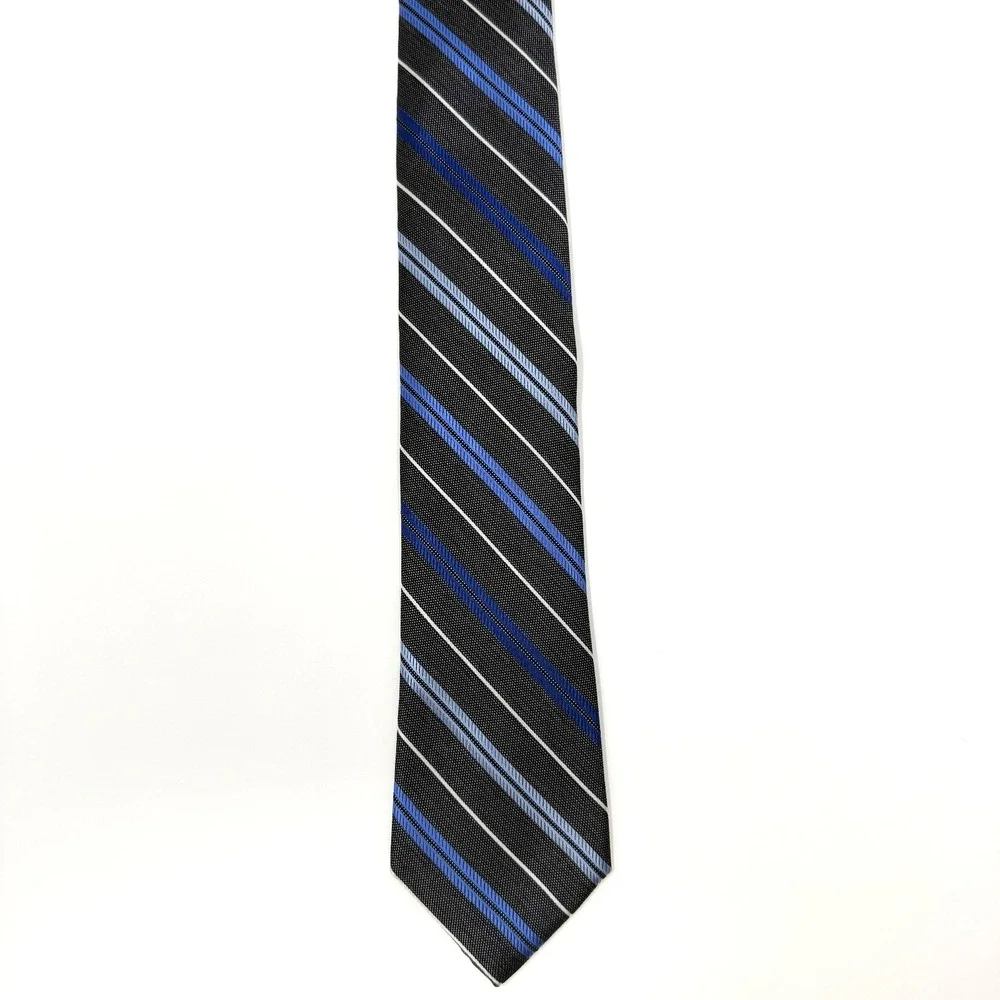 PRONTO UOMO‎ PLATNIUM Tie Striped 100% Silk Handmade Black Blue NWT